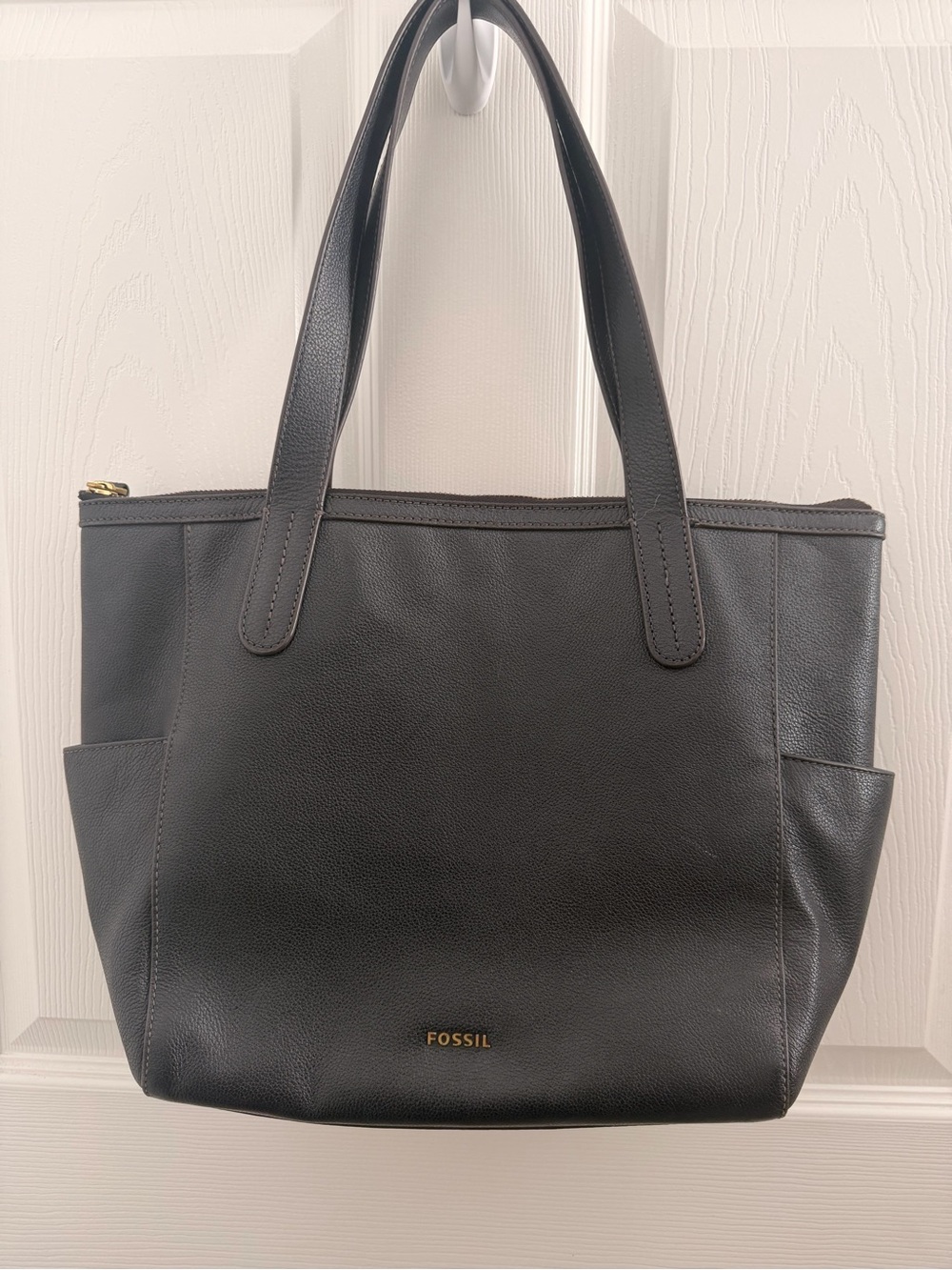 Fossil Black Pebbled Leather Tote with Side Pockets